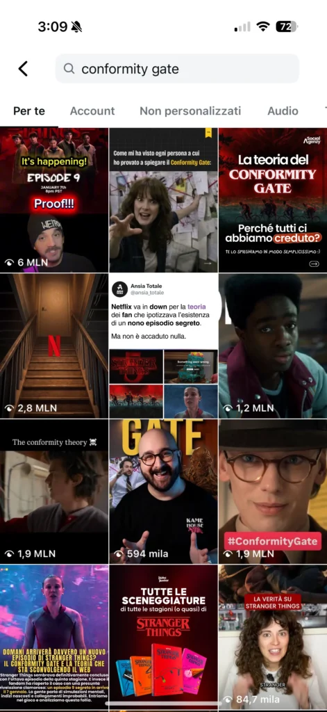 Screenshot della pagina dei risultati di ricerca su Instagram per la query "conformity gate", mostrante una griglia di post e reel riguardanti teorie dei fan sulla serie Stranger Things e un presunto episodio segreto.