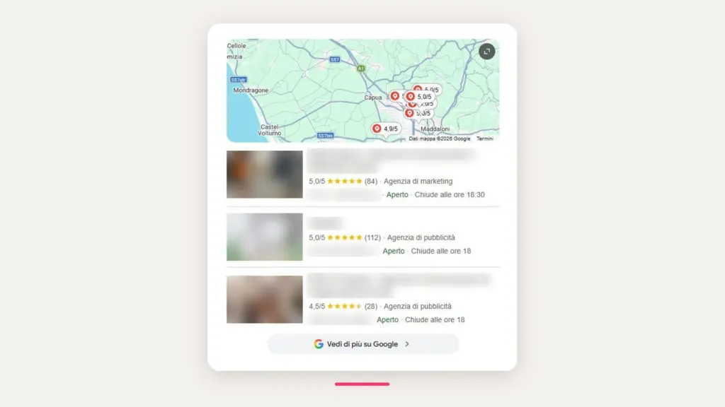 Risultati Google con mappa locale per la ricerca agenzia marketing e comunicazione Caserta