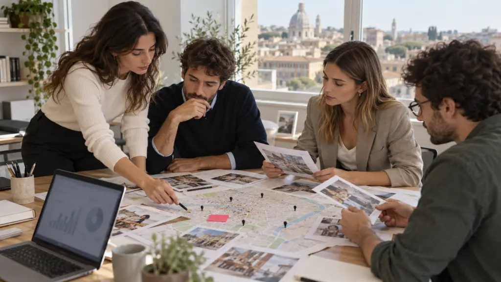 Team al lavoro su recensioni e pagine locali per posizionare un'agenzia marketing e comunicazione