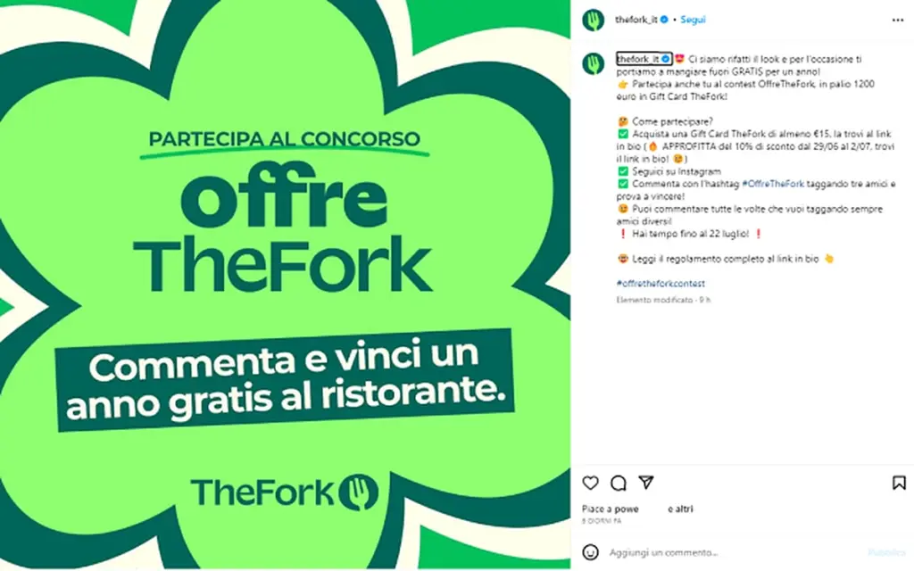 Post Instagram del concorso #OffreTheFork, lanciato con il rebranding aziendale di TheFork
