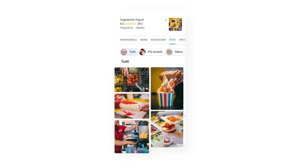 Sezione foto di una scheda Google con prodotti e staff, esempio per un ristorante su Google Maps