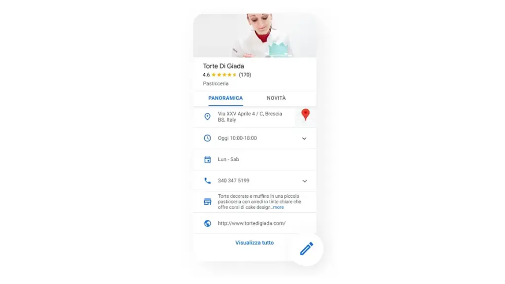 Scheda Google di un'attività con indirizzo, orari e telefono, modello per un ristorante su Google Maps