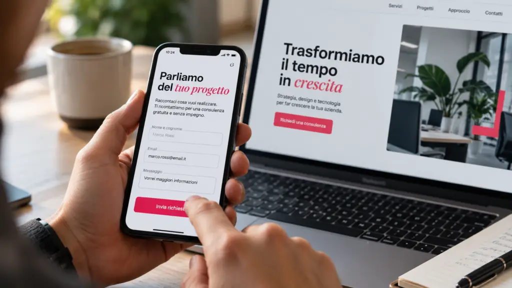 Pollice che tocca il pulsante di contatto di un sito che converte, con modulo breve a tre campi su smartphone
