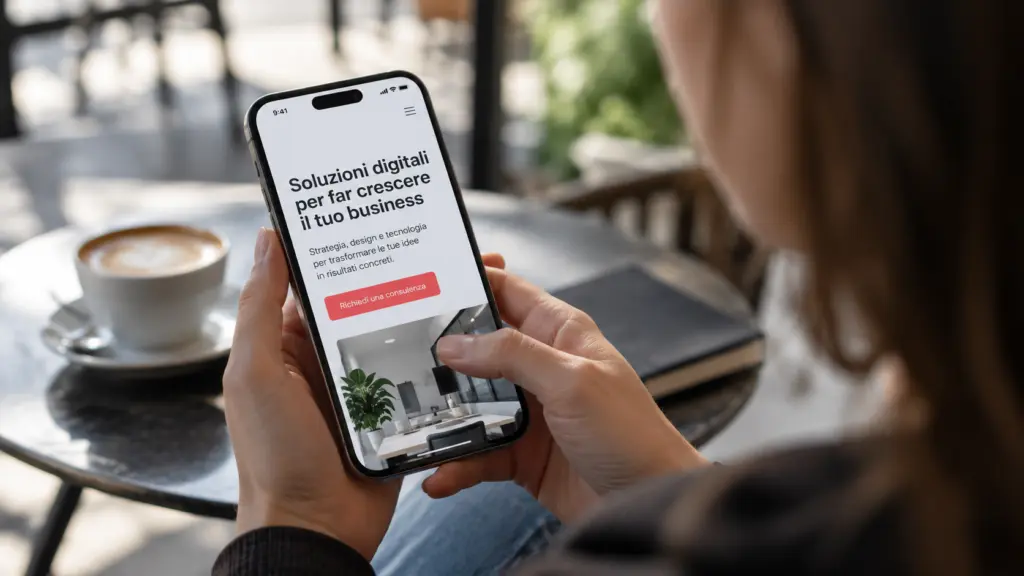 Persona che guarda da smartphone la parte alta di un sito che converte con messaggio chiaro e pulsante visibile